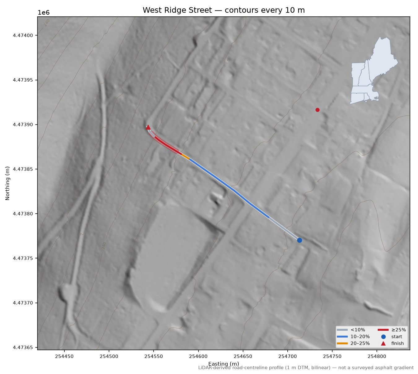 West Ridge Street LiDAR hillshade map with contours