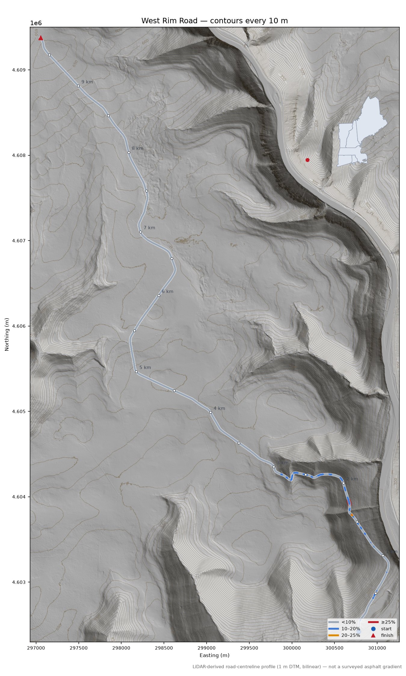 West Rim Road LiDAR hillshade map with contours