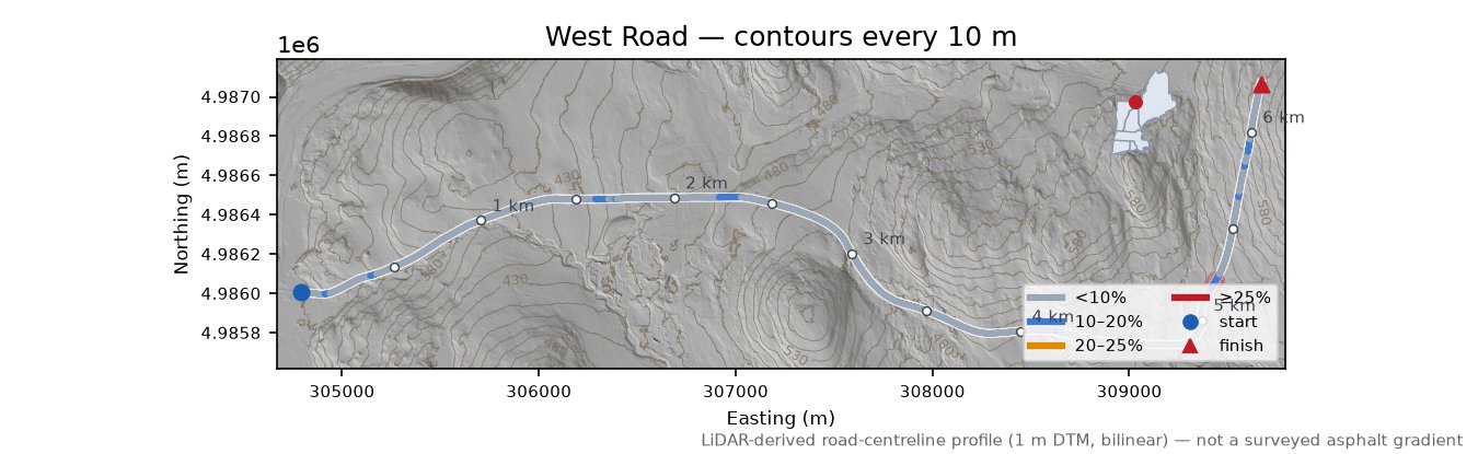 West Road LiDAR hillshade map with contours