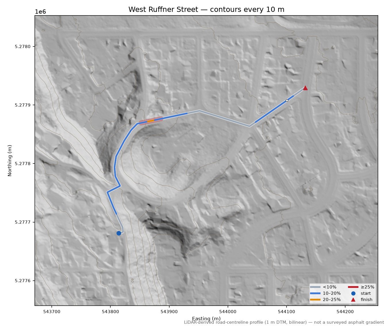 West Ruffner Street LiDAR hillshade map with contours