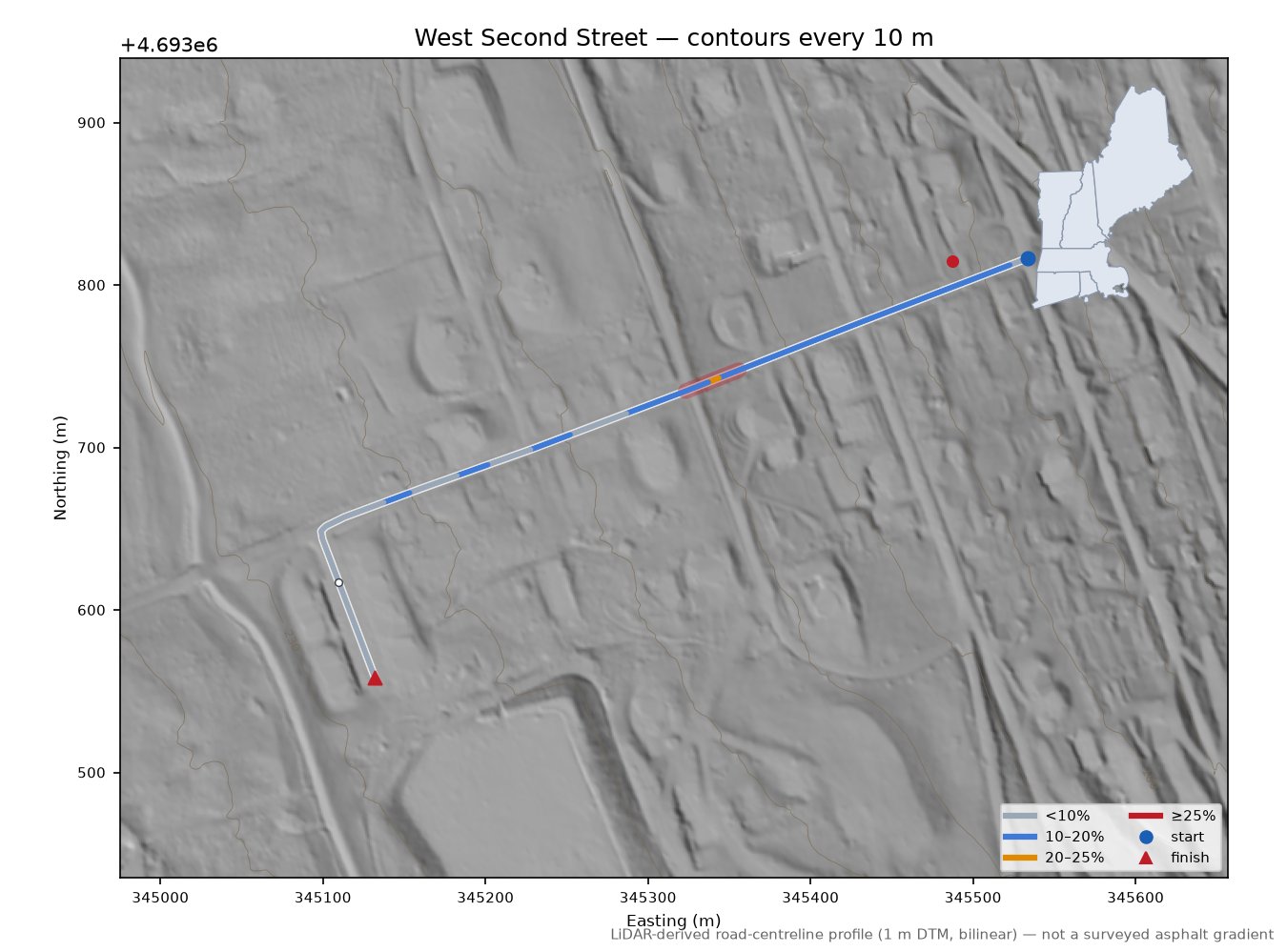 West Second Street LiDAR hillshade map with contours