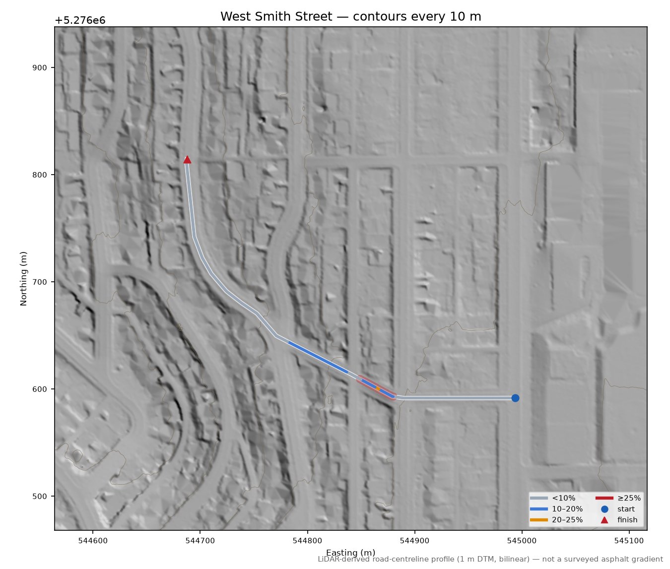 West Smith Street LiDAR hillshade map with contours
