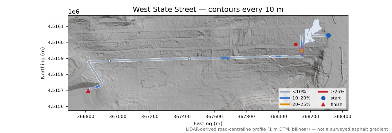 West State Street LiDAR hillshade map with contours