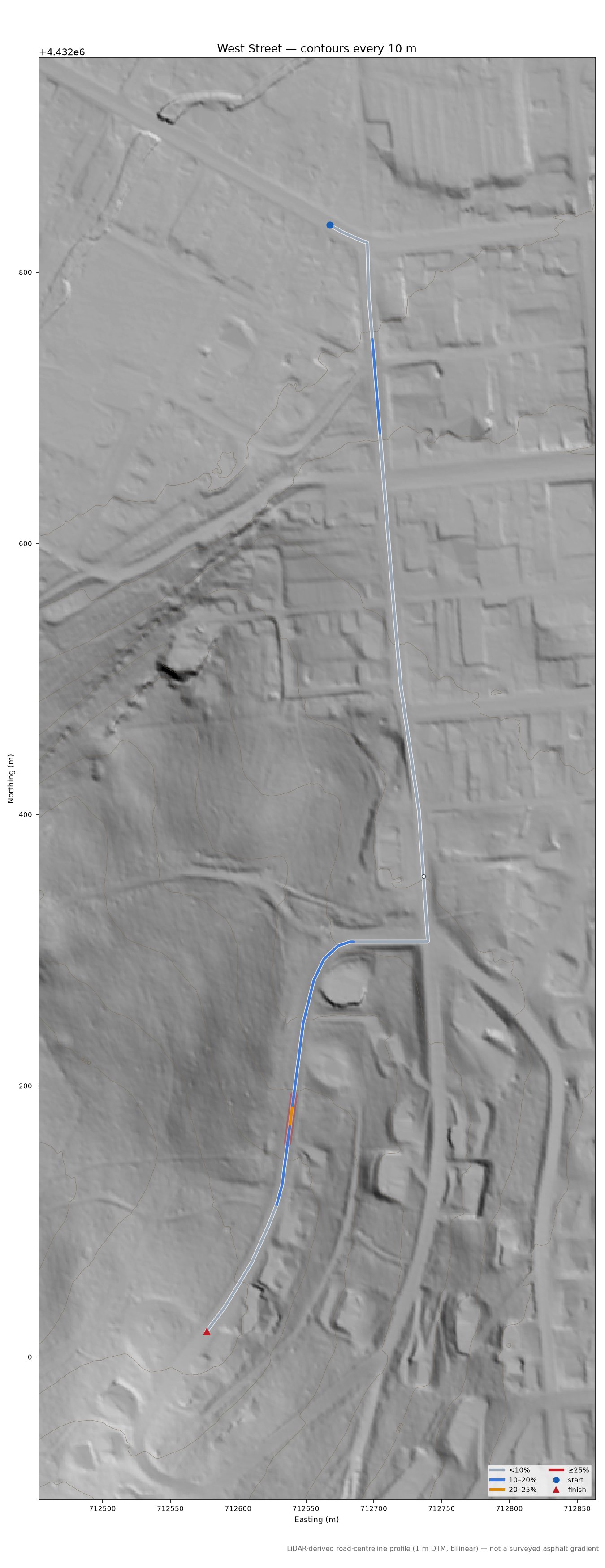 West Street LiDAR hillshade map with contours