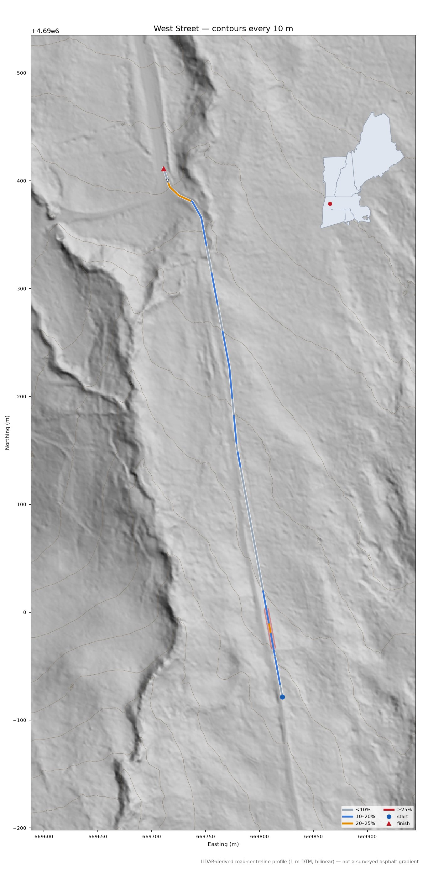West Street LiDAR hillshade map with contours