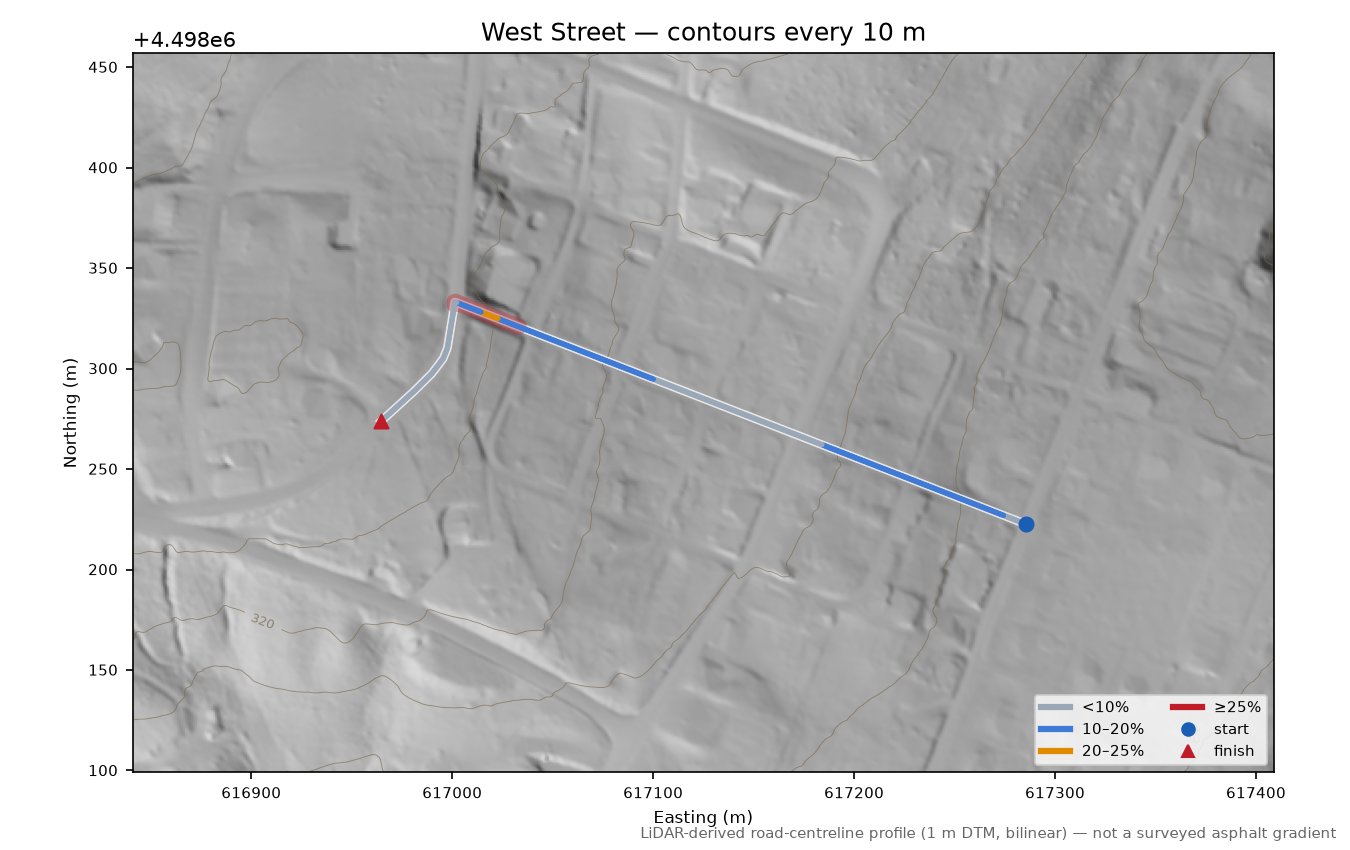 West Street LiDAR hillshade map with contours