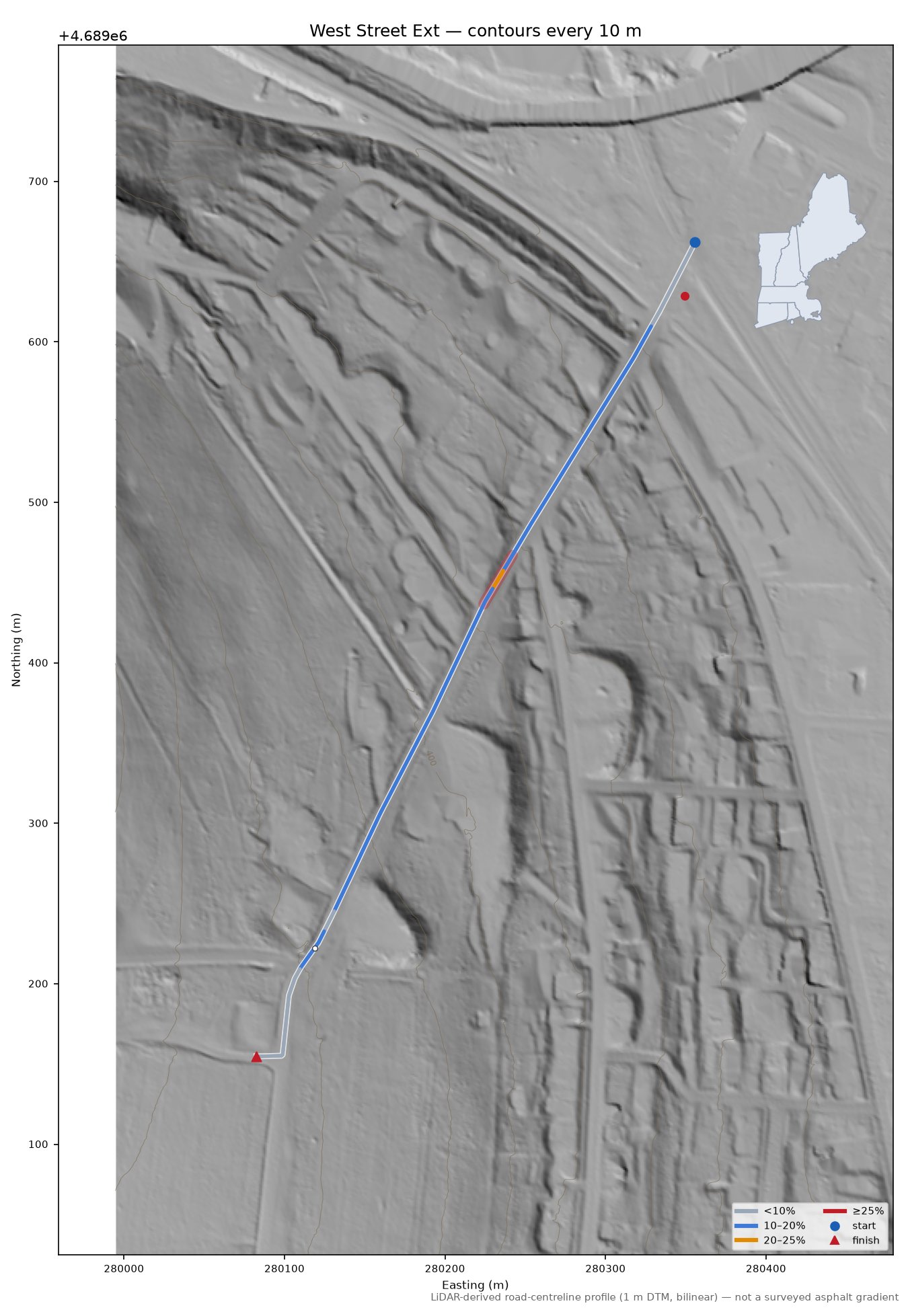 West Street Ext LiDAR hillshade map with contours