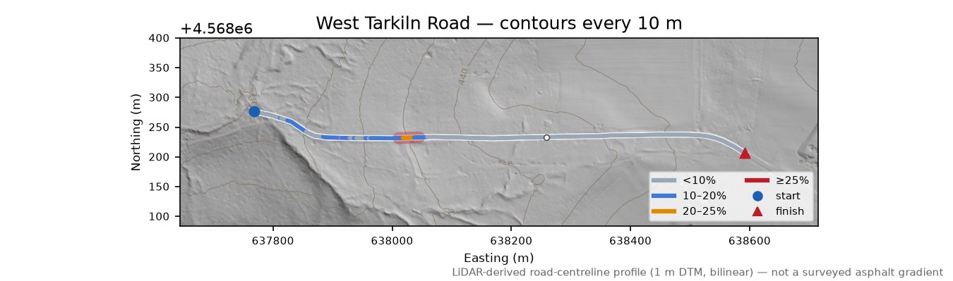 West Tarkiln Road LiDAR hillshade map with contours