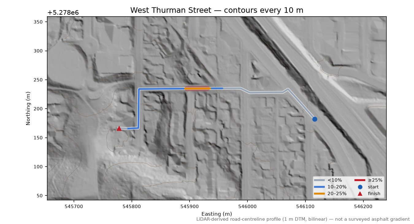 West Thurman Street LiDAR hillshade map with contours