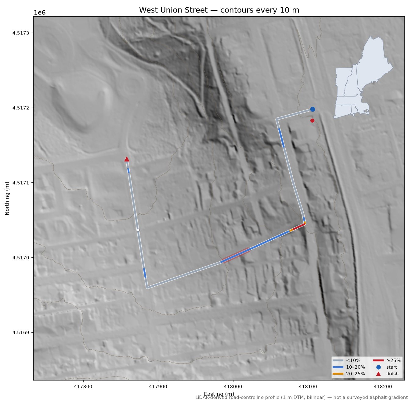West Union Street LiDAR hillshade map with contours
