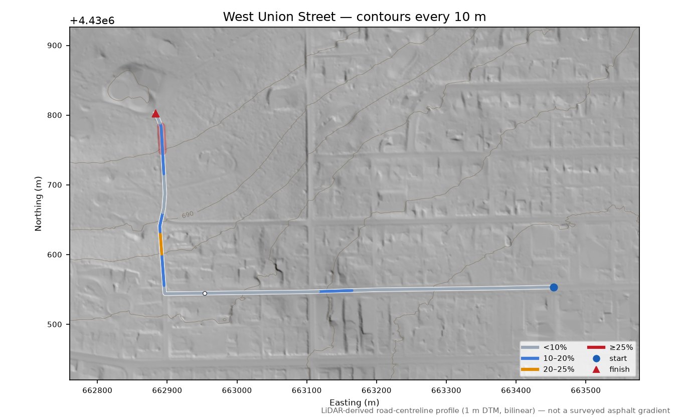 West Union Street LiDAR hillshade map with contours