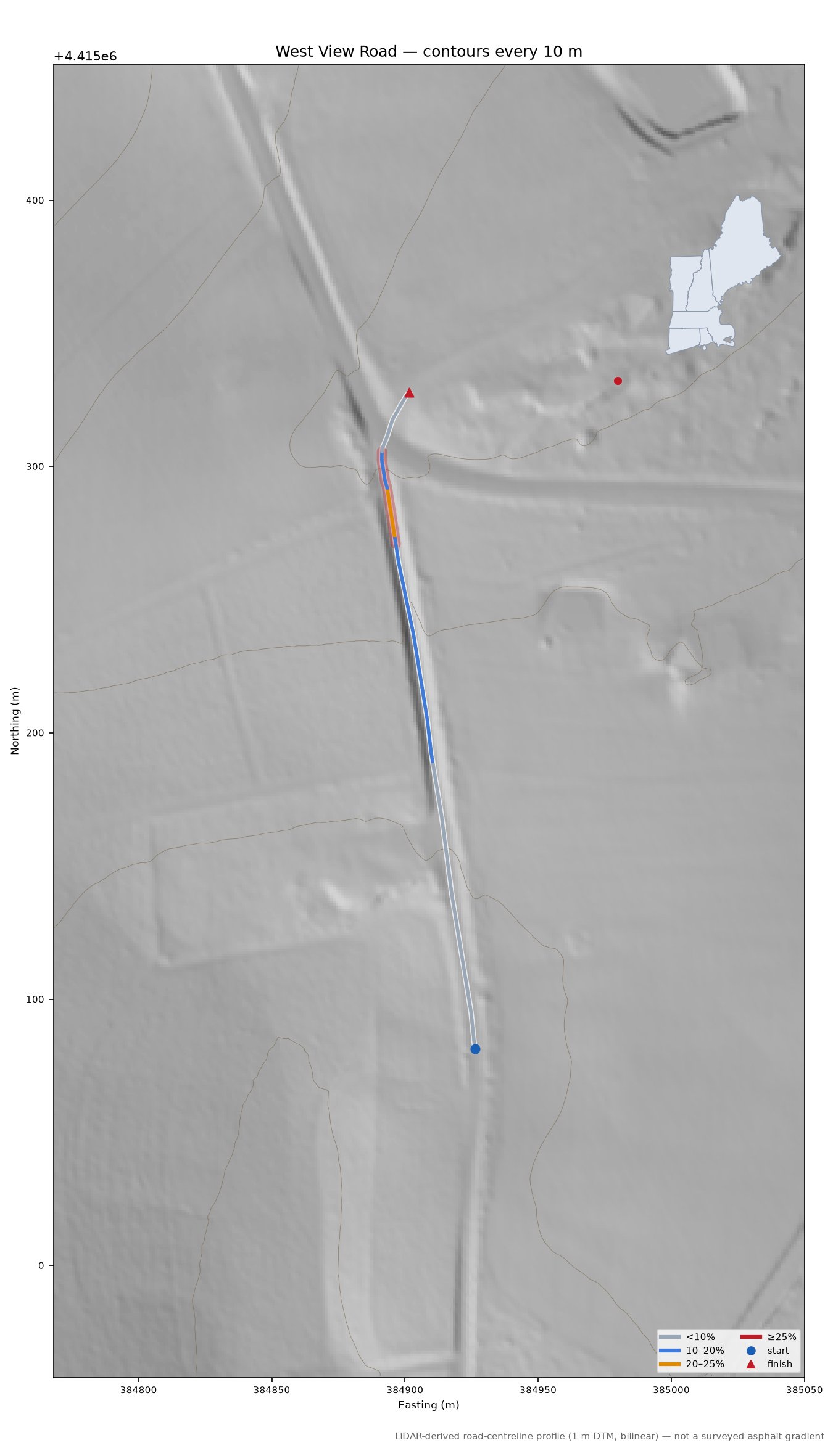 West View Road LiDAR hillshade map with contours