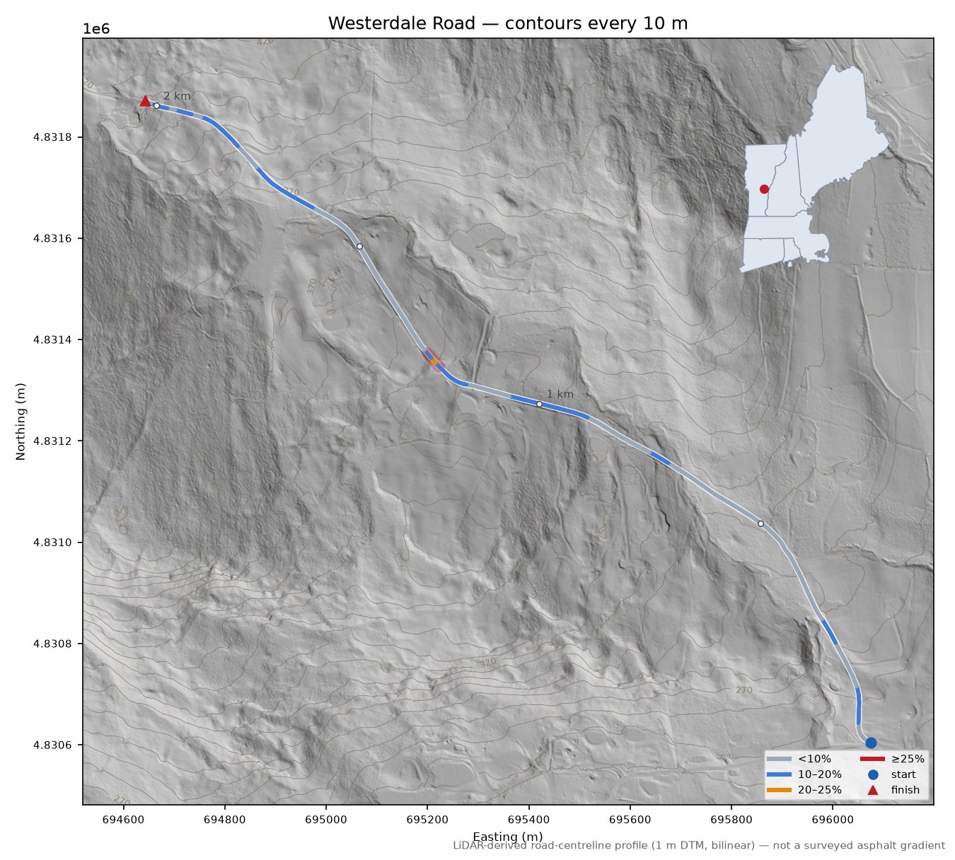 Westerdale Road LiDAR hillshade map with contours