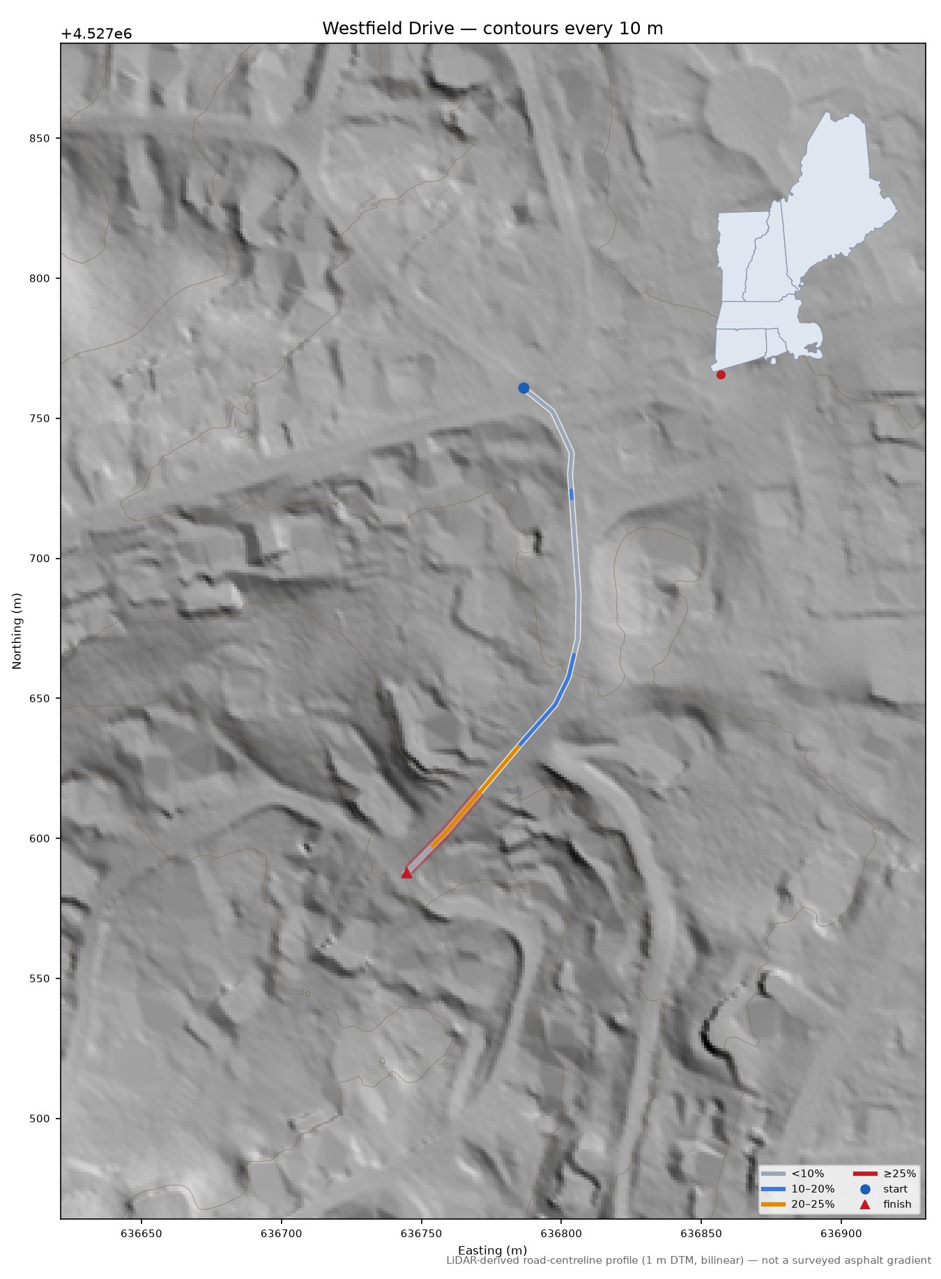 Westfield Drive LiDAR hillshade map with contours