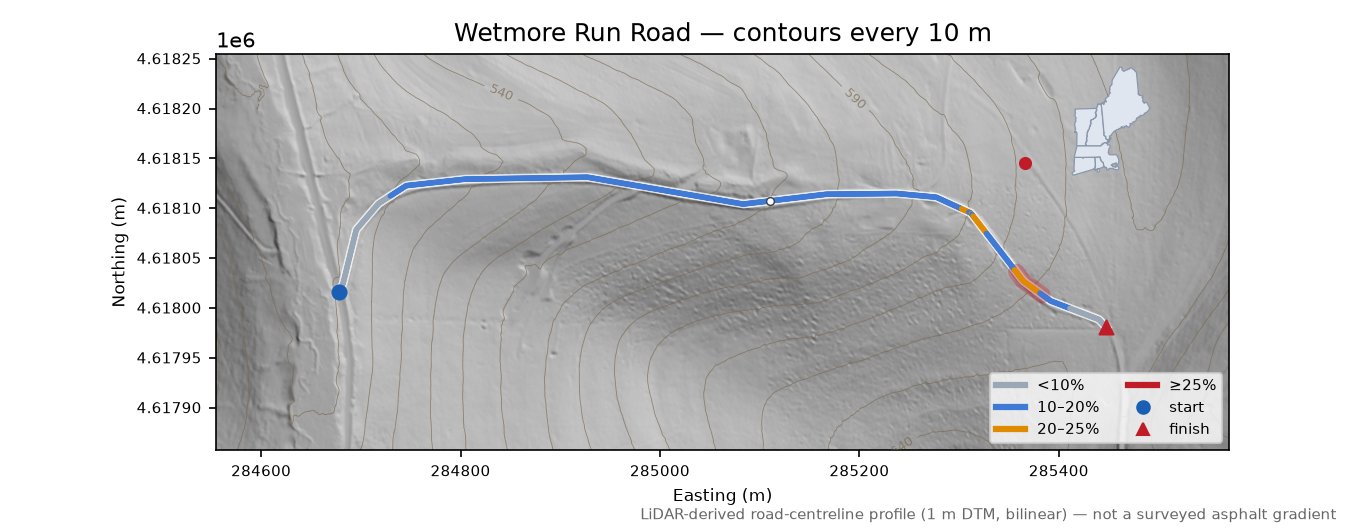 Wetmore Run Road LiDAR hillshade map with contours