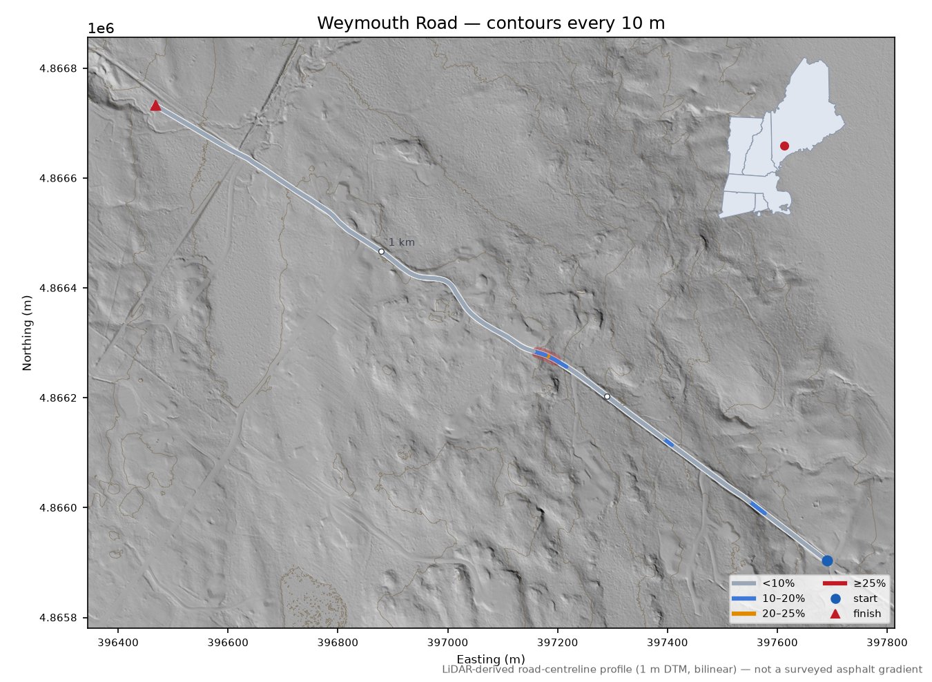 Weymouth Road LiDAR hillshade map with contours