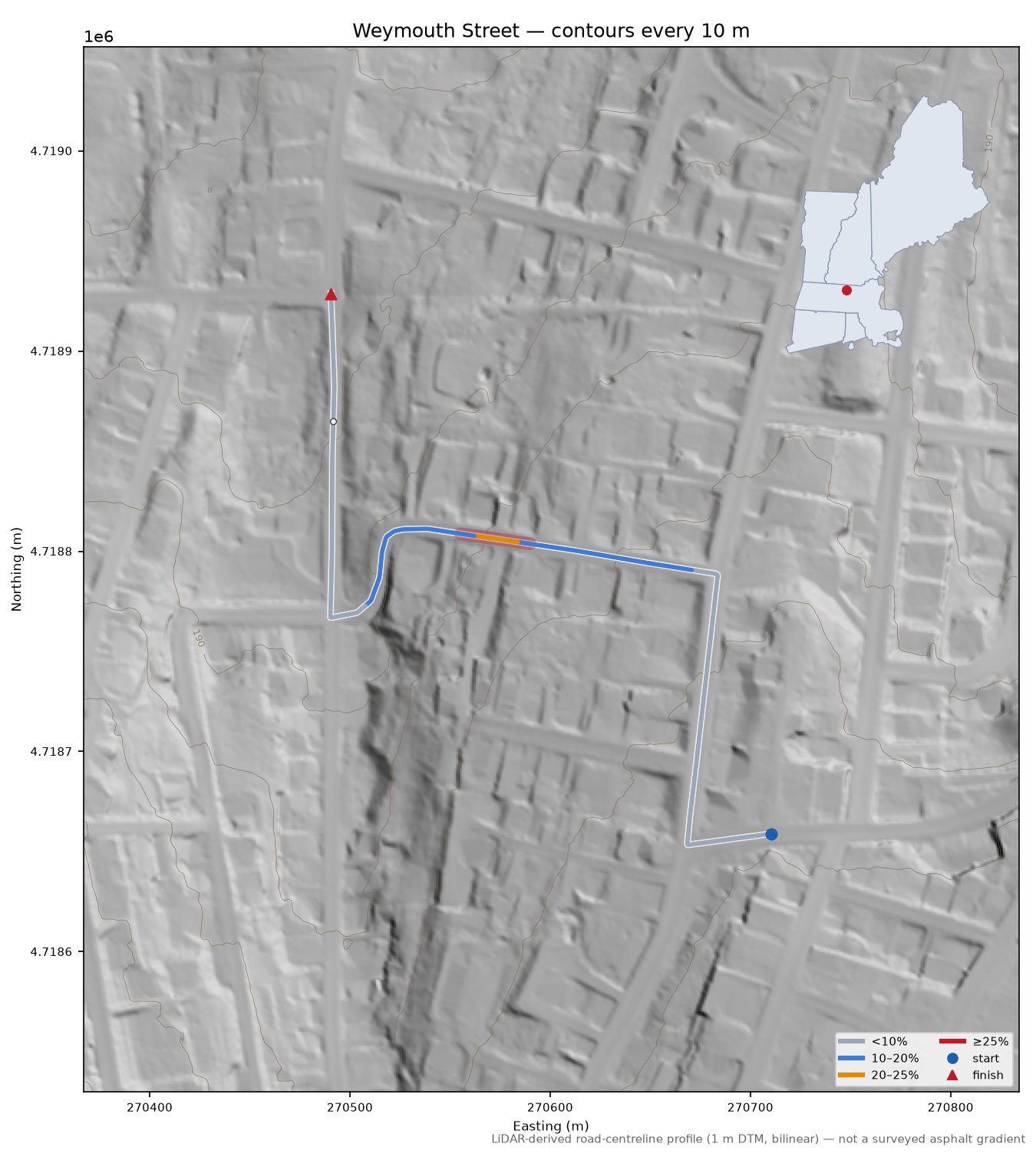 Weymouth Street LiDAR hillshade map with contours