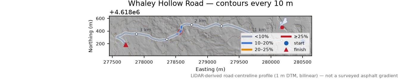 Whaley Hollow Road LiDAR hillshade map with contours