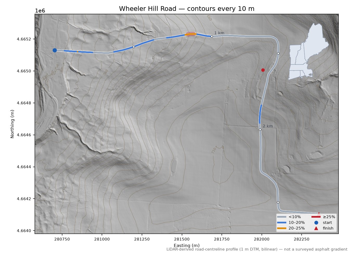 Wheeler Hill Road LiDAR hillshade map with contours