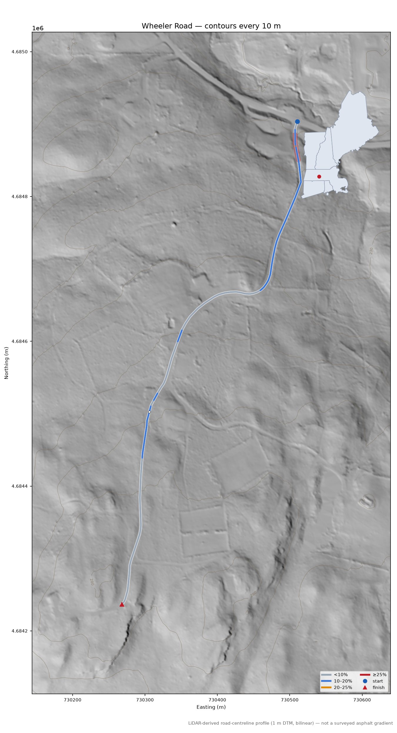Wheeler Road LiDAR hillshade map with contours