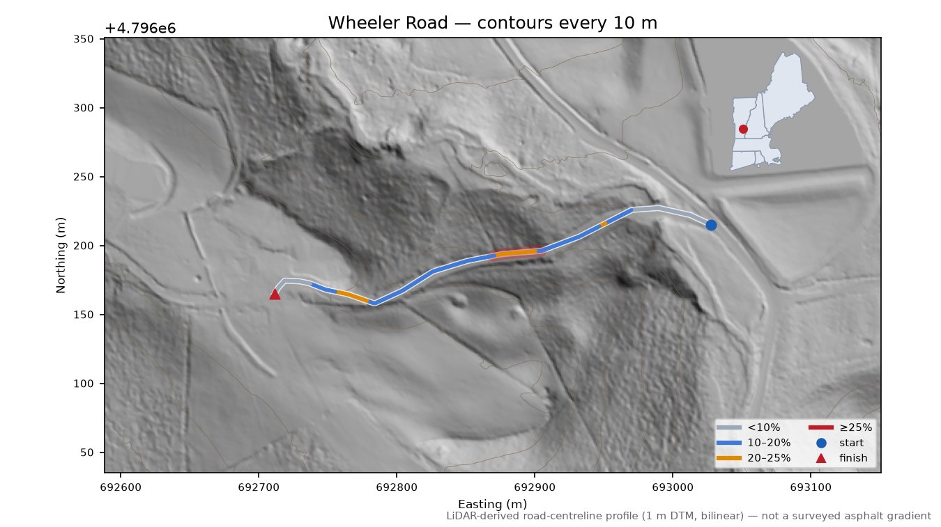 Wheeler Road LiDAR hillshade map with contours