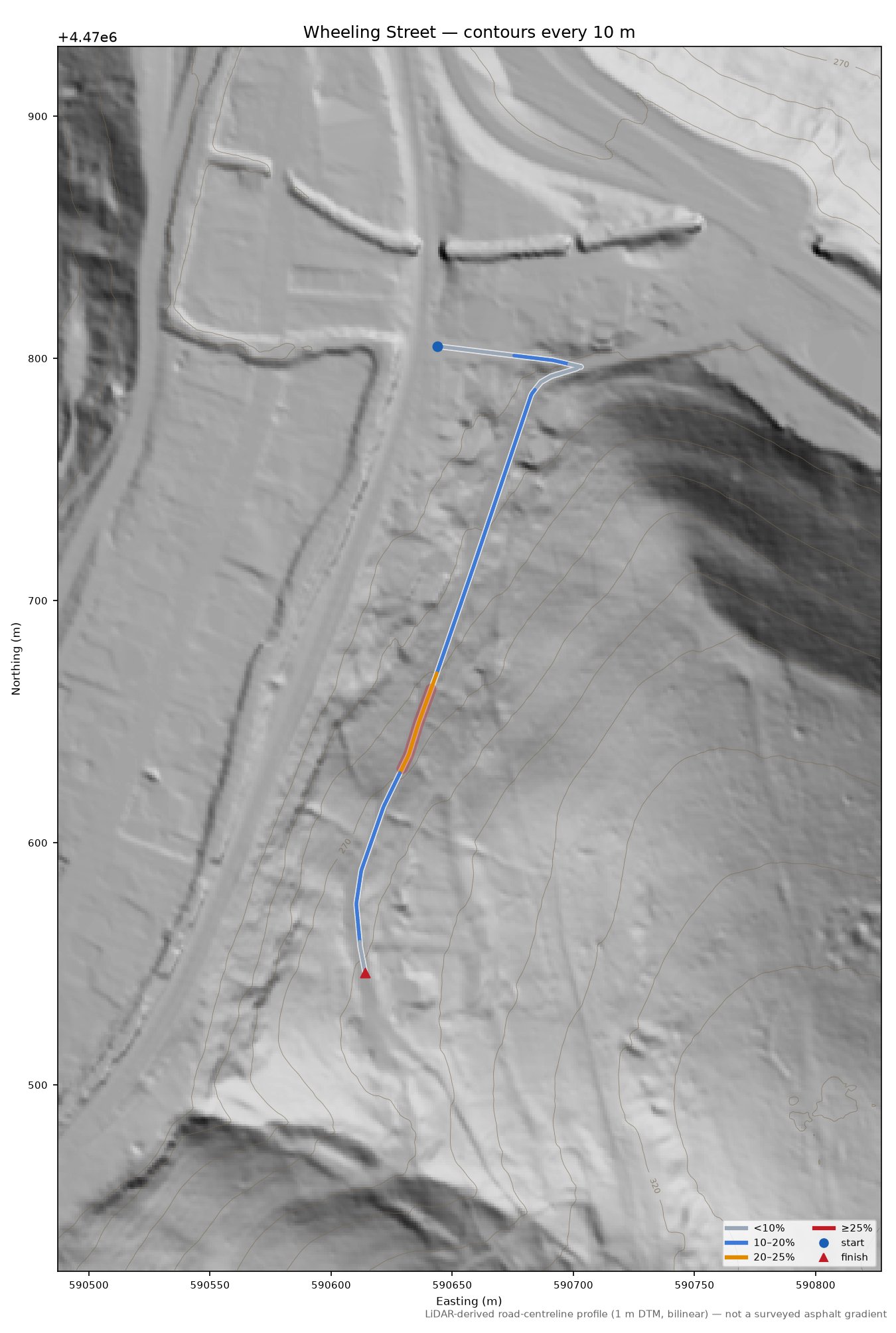 Wheeling Street LiDAR hillshade map with contours