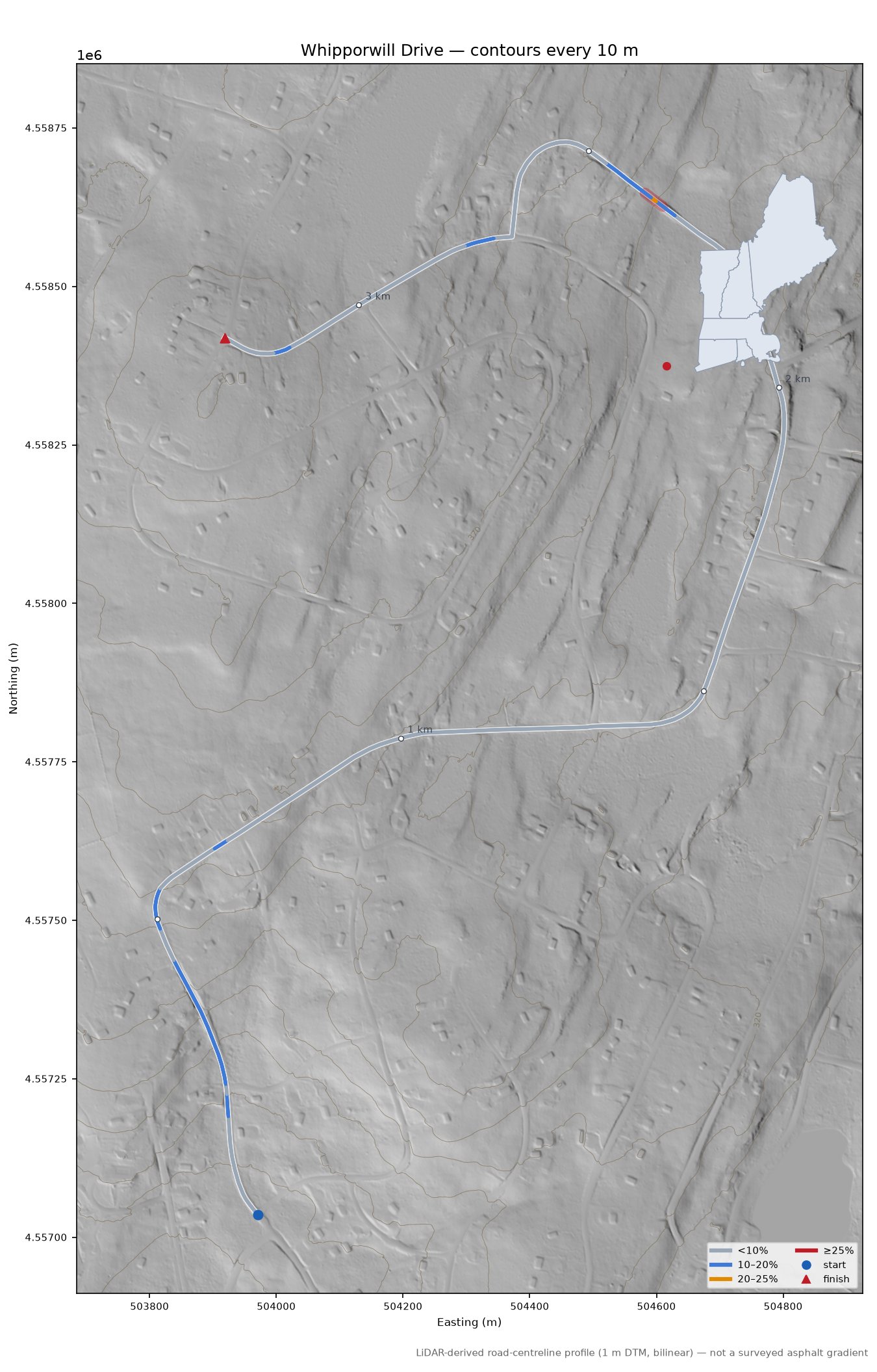 Whipporwill Drive LiDAR hillshade map with contours