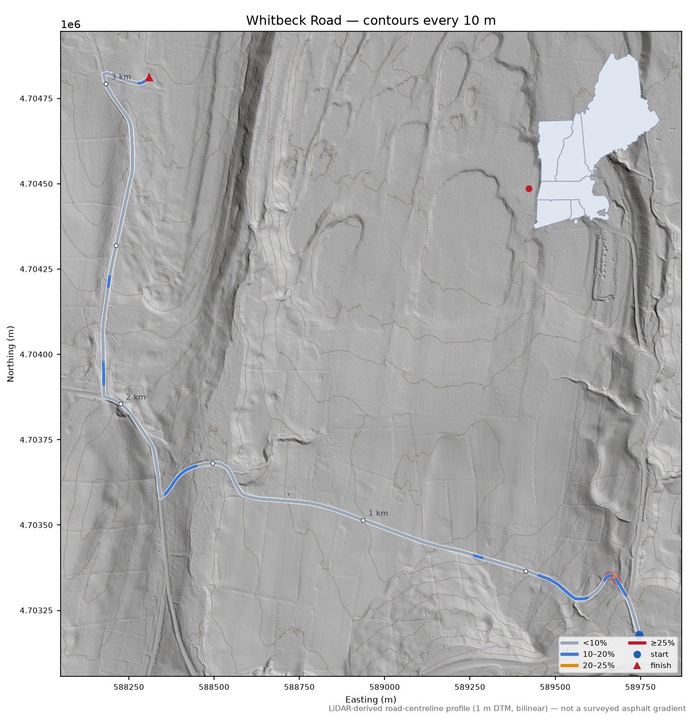 Whitbeck Road LiDAR hillshade map with contours