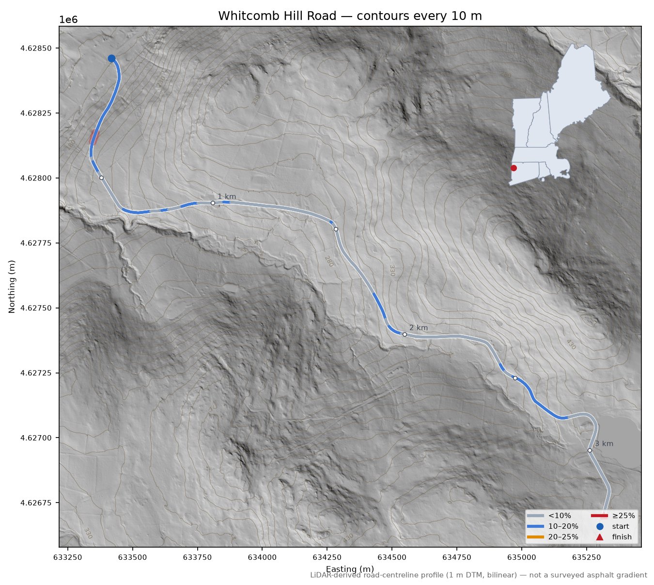 Whitcomb Hill Road LiDAR hillshade map with contours
