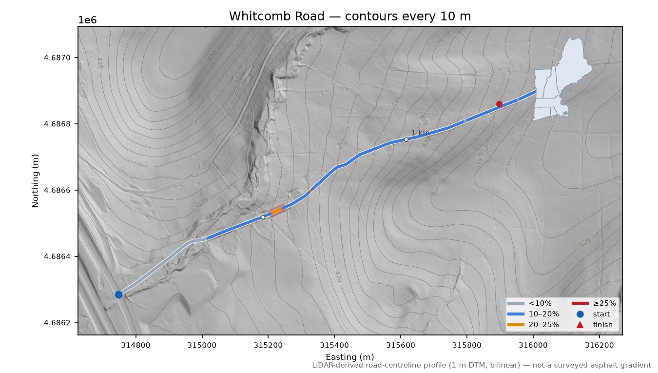 Whitcomb Road LiDAR hillshade map with contours