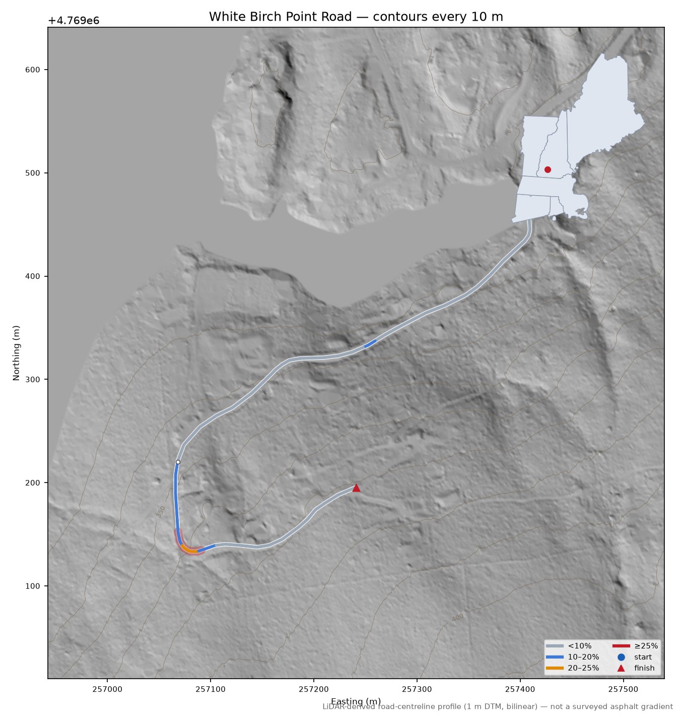 White Birch Point Road LiDAR hillshade map with contours