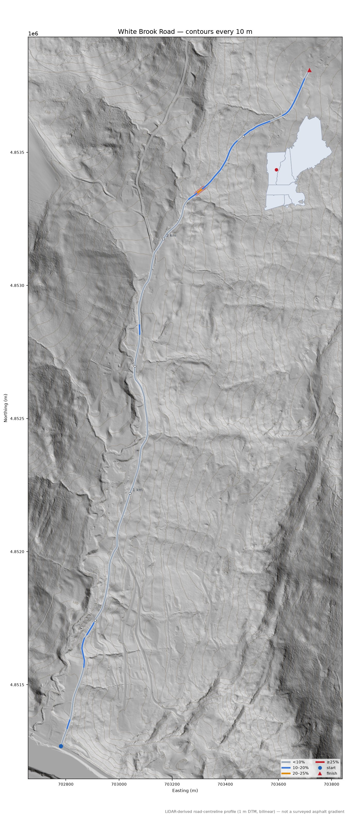 White Brook Road LiDAR hillshade map with contours