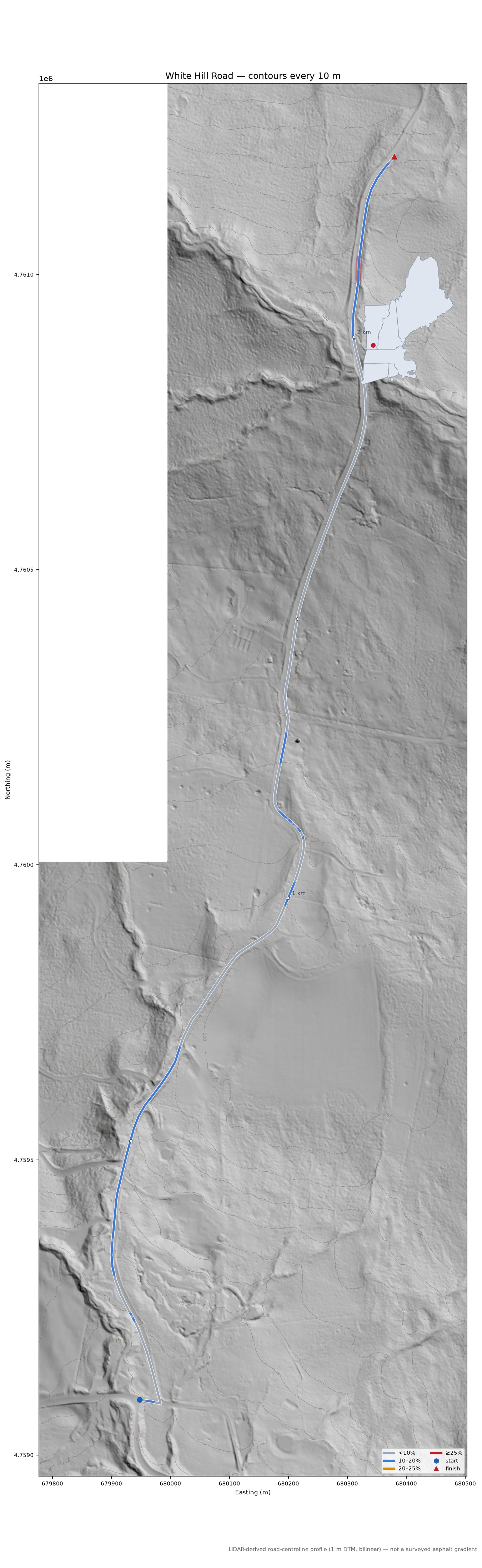 White Hill Road LiDAR hillshade map with contours