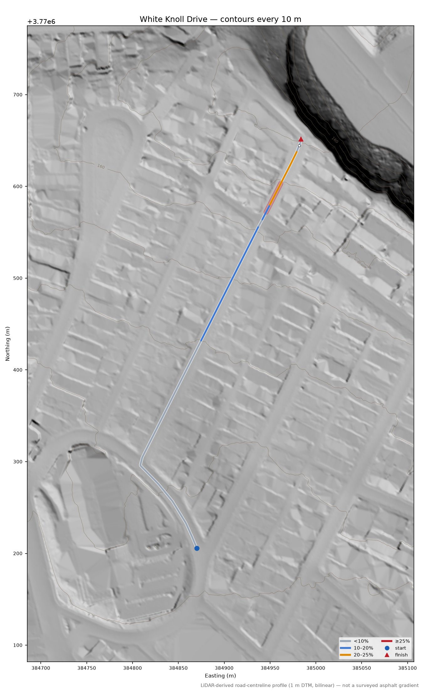 White Knoll Drive LiDAR hillshade map with contours
