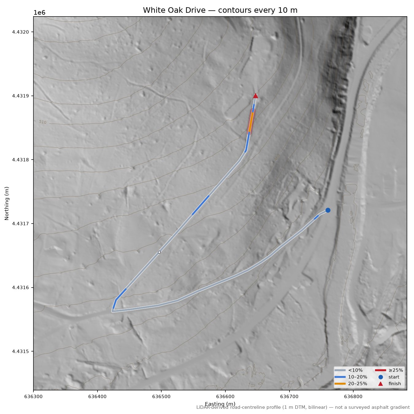 White Oak Drive LiDAR hillshade map with contours