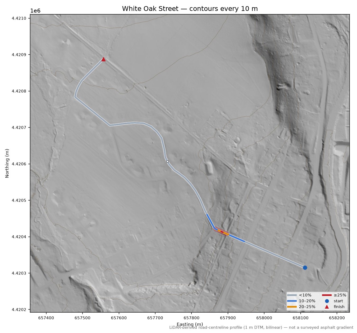 White Oak Street LiDAR hillshade map with contours
