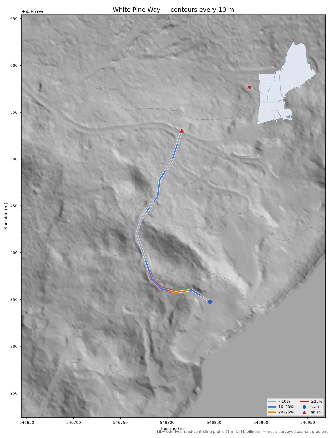 White Pine Way LiDAR hillshade map with contours