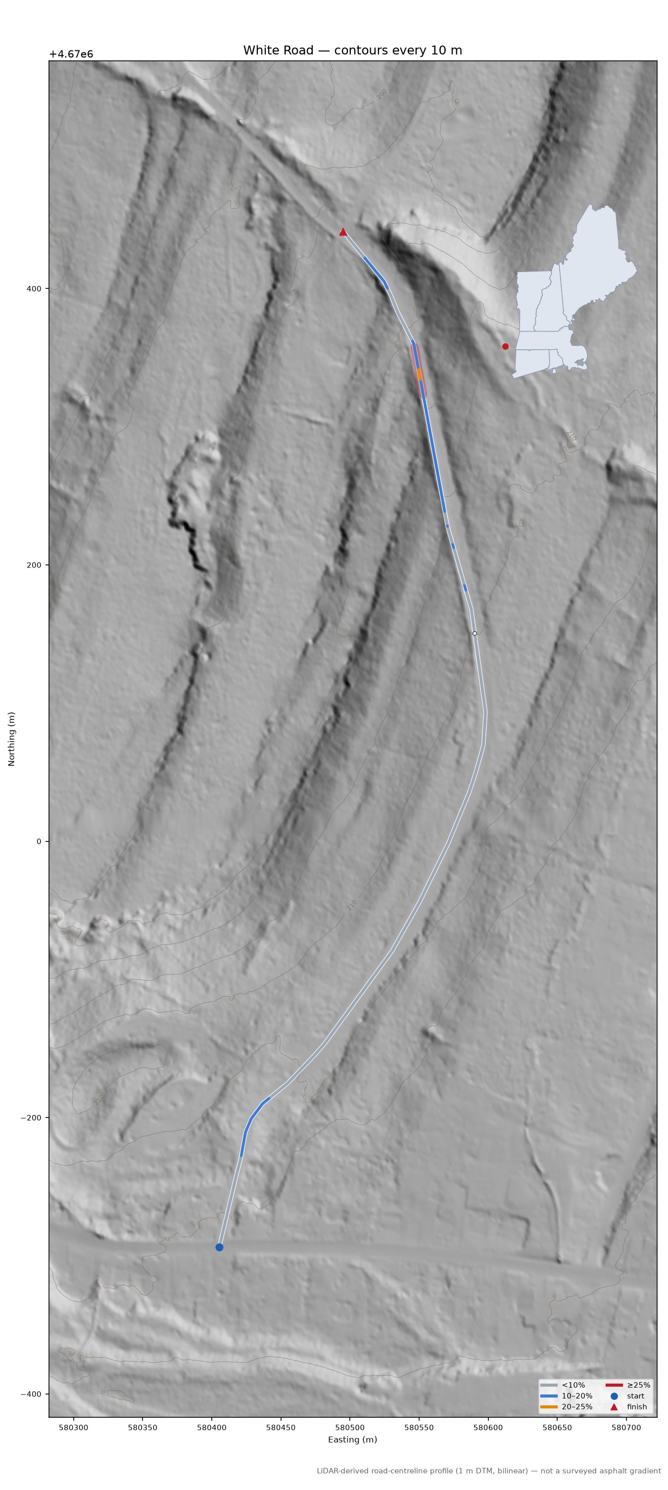 White Road LiDAR hillshade map with contours