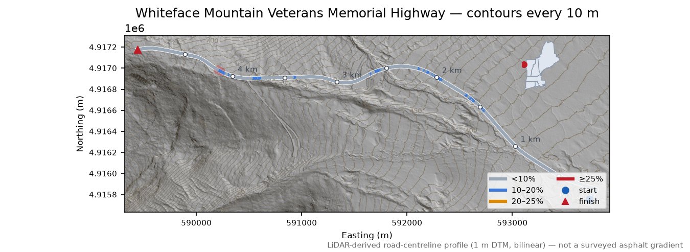 Whiteface Mountain Veterans Memorial Highway LiDAR hillshade map with contours