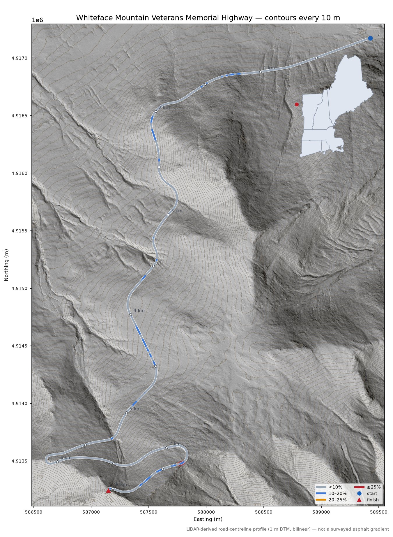 Whiteface Mountain Veterans Memorial Highway LiDAR hillshade map with contours