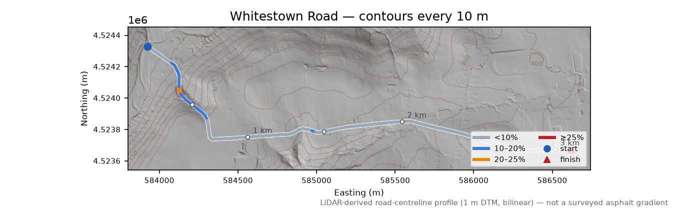 Whitestown Road LiDAR hillshade map with contours