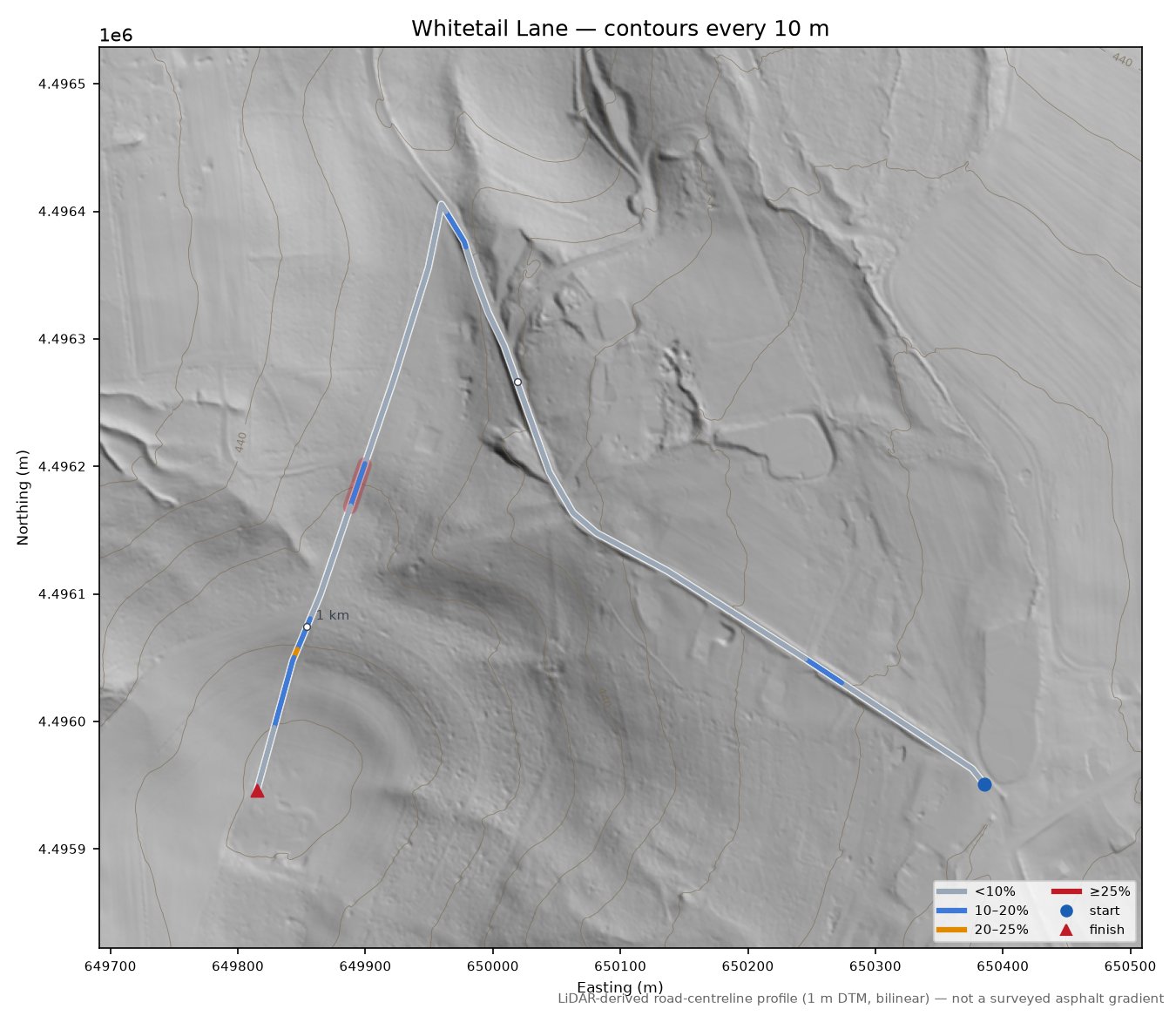 Whitetail Lane LiDAR hillshade map with contours