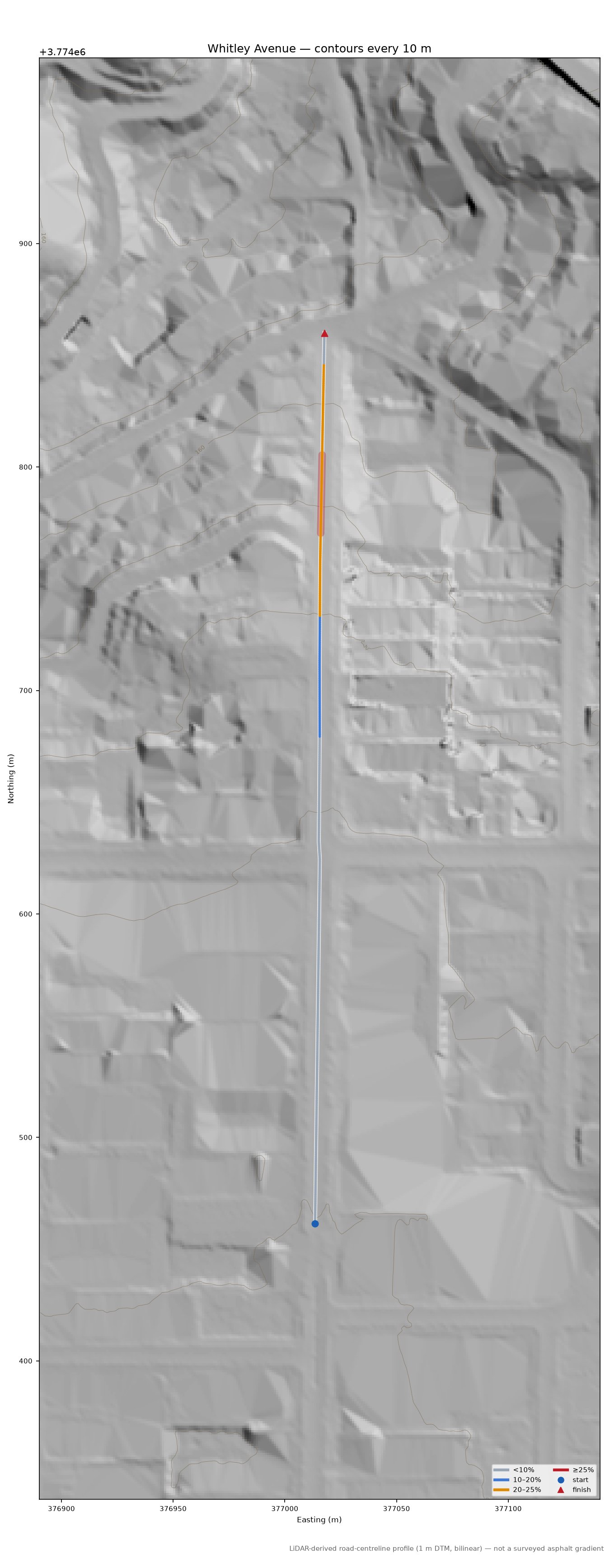 Whitley Avenue LiDAR hillshade map with contours