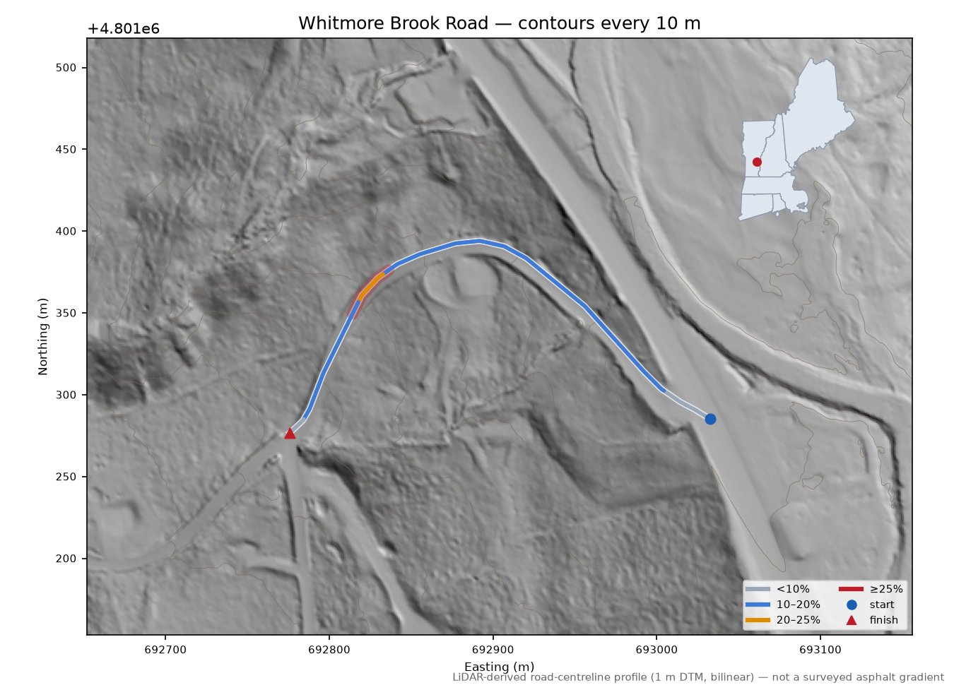 Whitmore Brook Road LiDAR hillshade map with contours