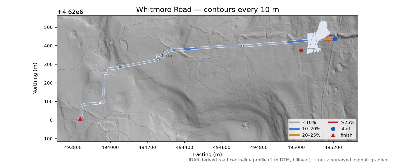 Whitmore Road LiDAR hillshade map with contours