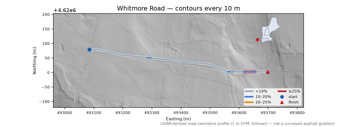 Whitmore Road LiDAR hillshade map with contours