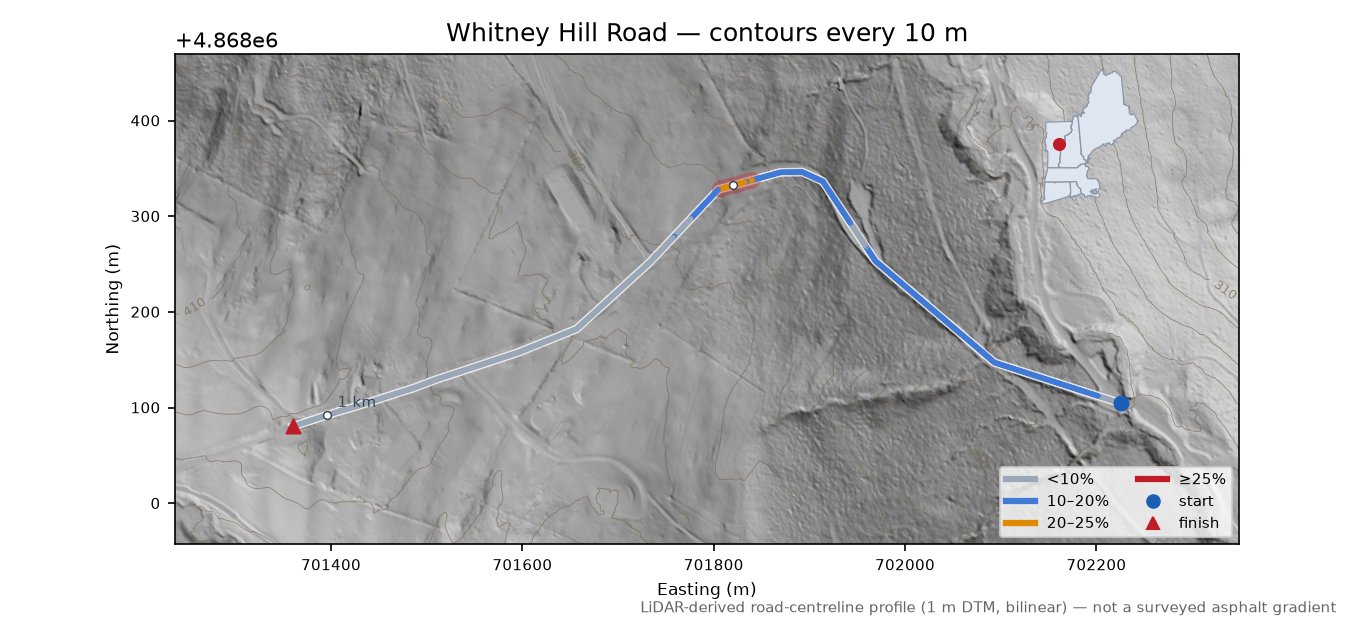 Whitney Hill Road LiDAR hillshade map with contours