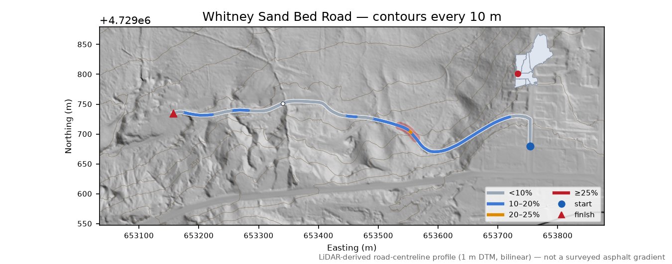 Whitney Sand Bed Road LiDAR hillshade map with contours