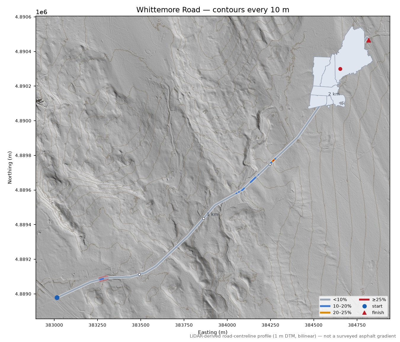 Whittemore Road LiDAR hillshade map with contours