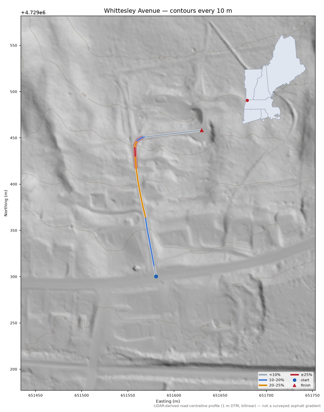 Whittesley Avenue LiDAR hillshade map with contours